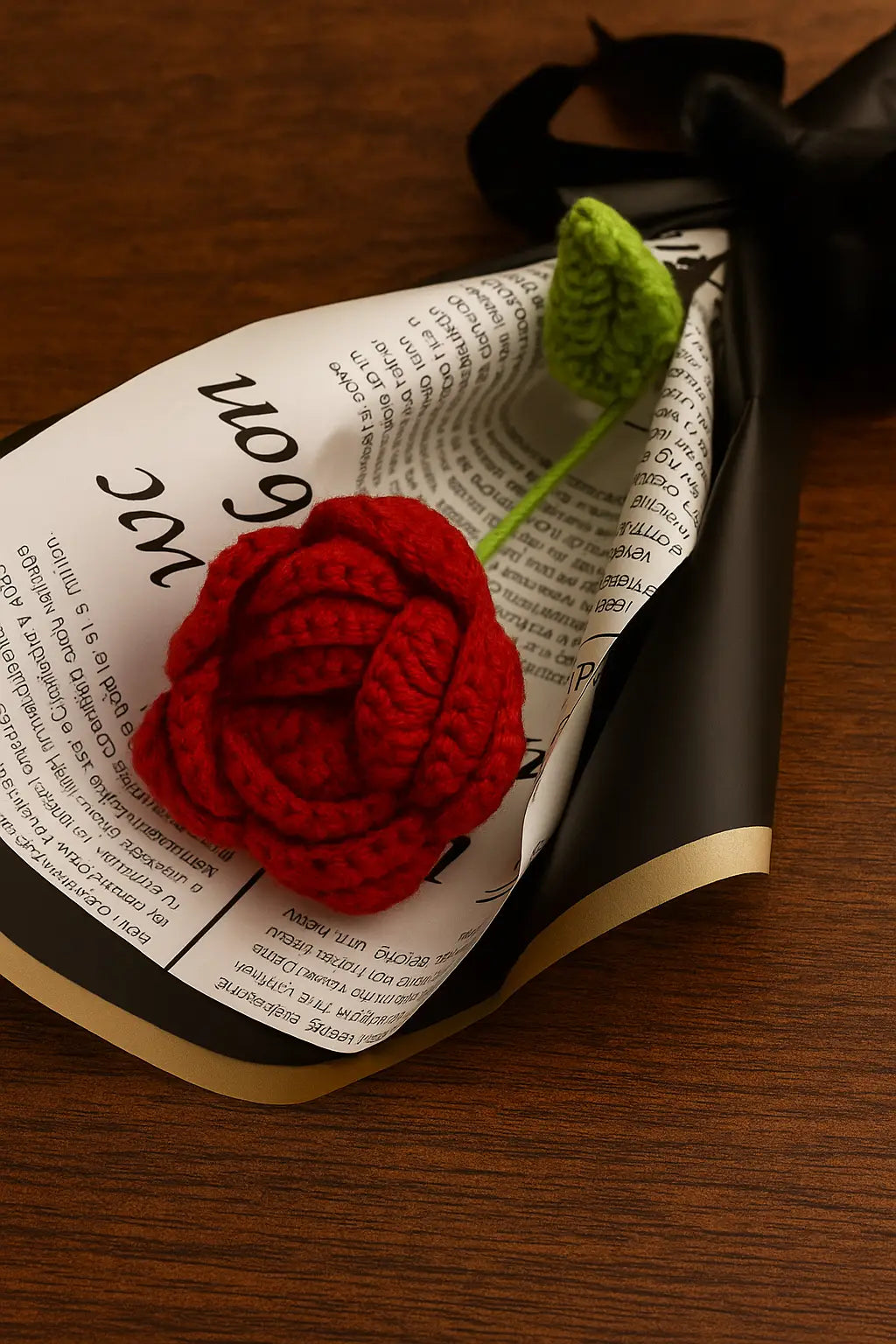 Bouquet of red rose wrapped in black paper with text, tied with a black ribbon on a wooden surface. "Single red crochet rose flower, perfect romantic gift" "Handmade single forever red rose crochet flower gift