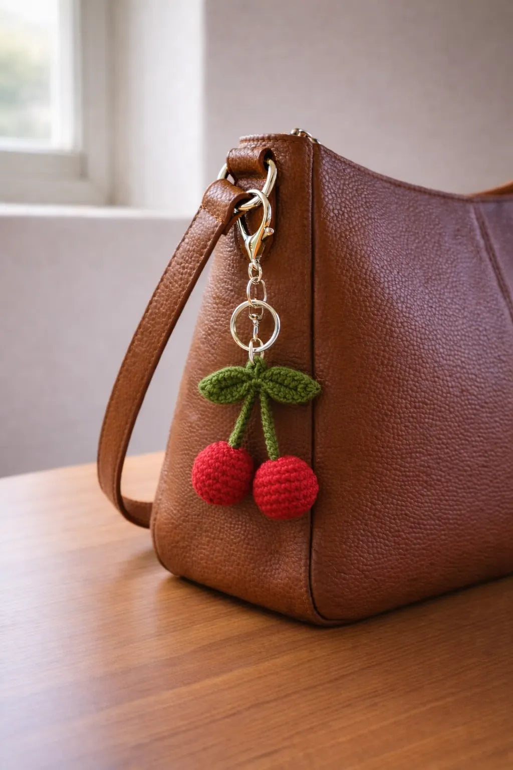 Brown leather handbag with a cherry-themed keychain on a wooden surface.