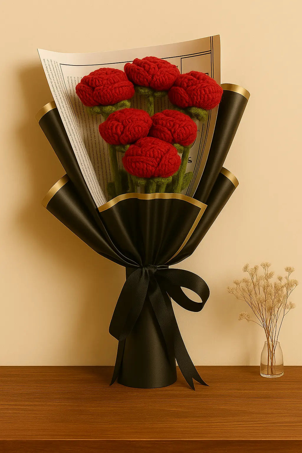 Luxurious handmade crochet bouquet with 6 red forever roses, a timeless gift symbolizing love and elegance.