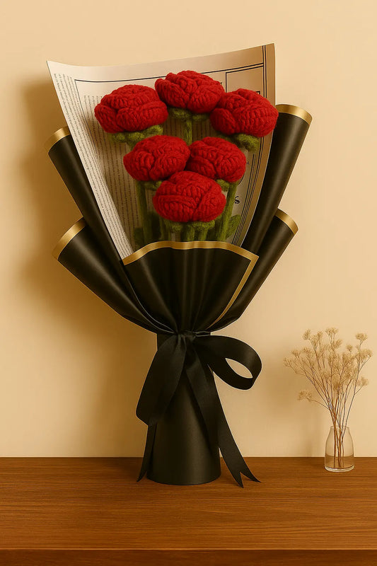 Luxurious handmade crochet bouquet with 6 red forever roses, a timeless gift symbolizing love and elegance.