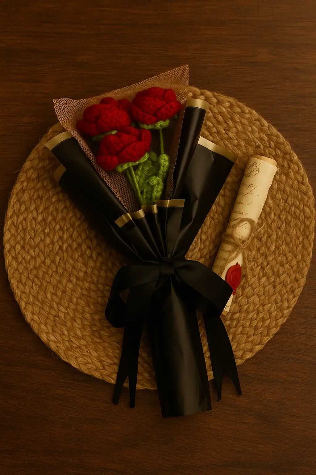 Mini crochet rose bouquet with 3 petite handmade red roses – forever gift for romantic occasions, anniversaries, birthdays, and timeless home décor