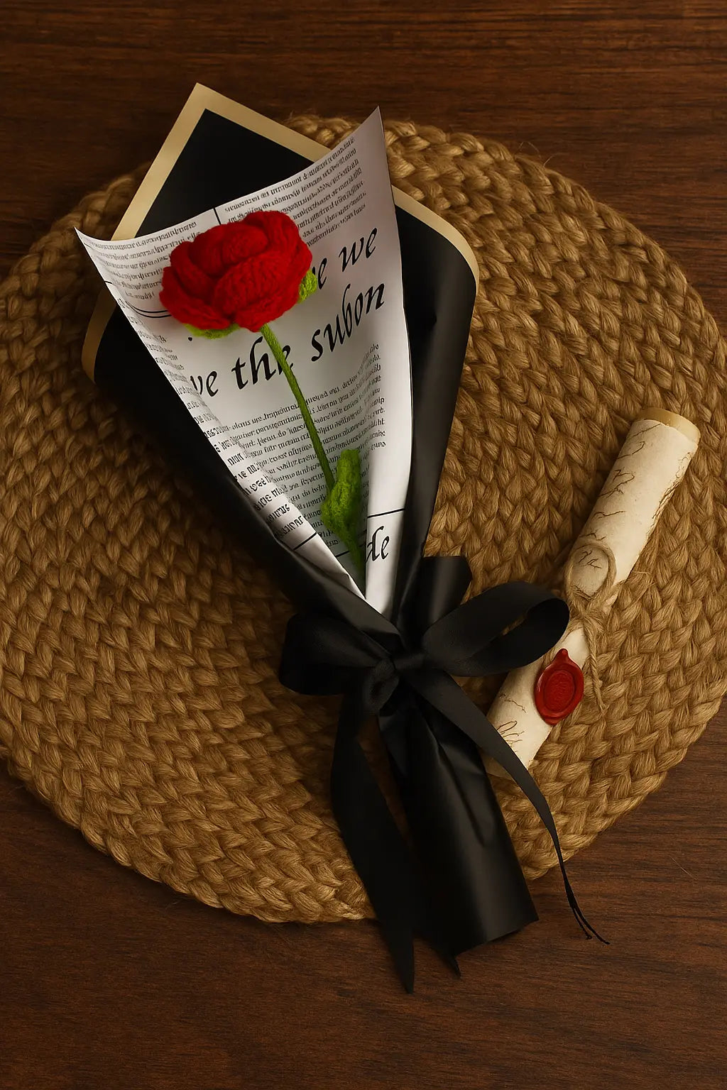 Bouquet of red rose wrapped in black paper with text, tied with a black ribbon on a wooden surface. "Single red crochet rose flower, perfect romantic gift" "Handmade single forever red rose crochet flower gift"