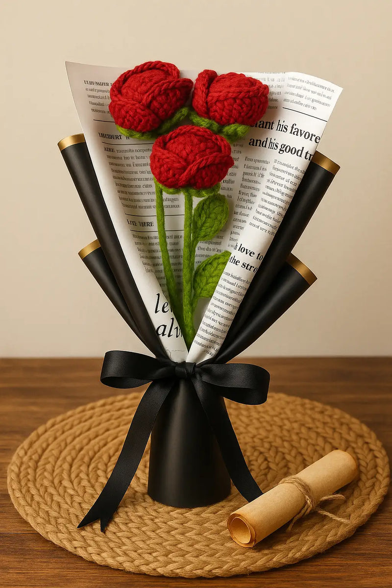 Handmade forever red crochet rose bouquet – set of 3 roses gift for her. romantic handmade forever flower bouquet. hree handmade crochet red roses – long-lasting romantic floral gift