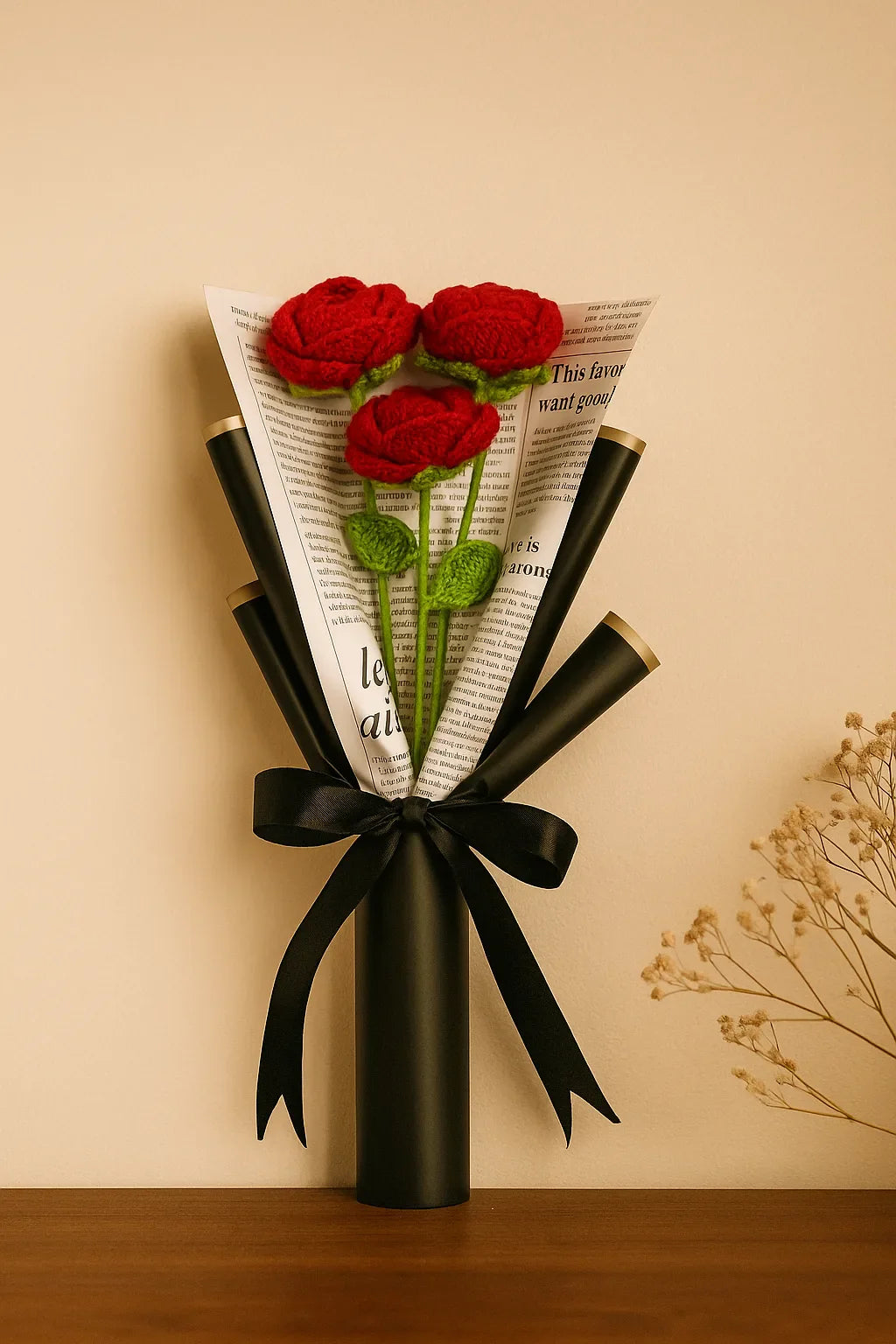 Handmade forever red crochet rose bouquet – set of 3 roses gift for her. romantic handmade forever flower bouquet. hree handmade crochet red roses – long-lasting romantic floral gift