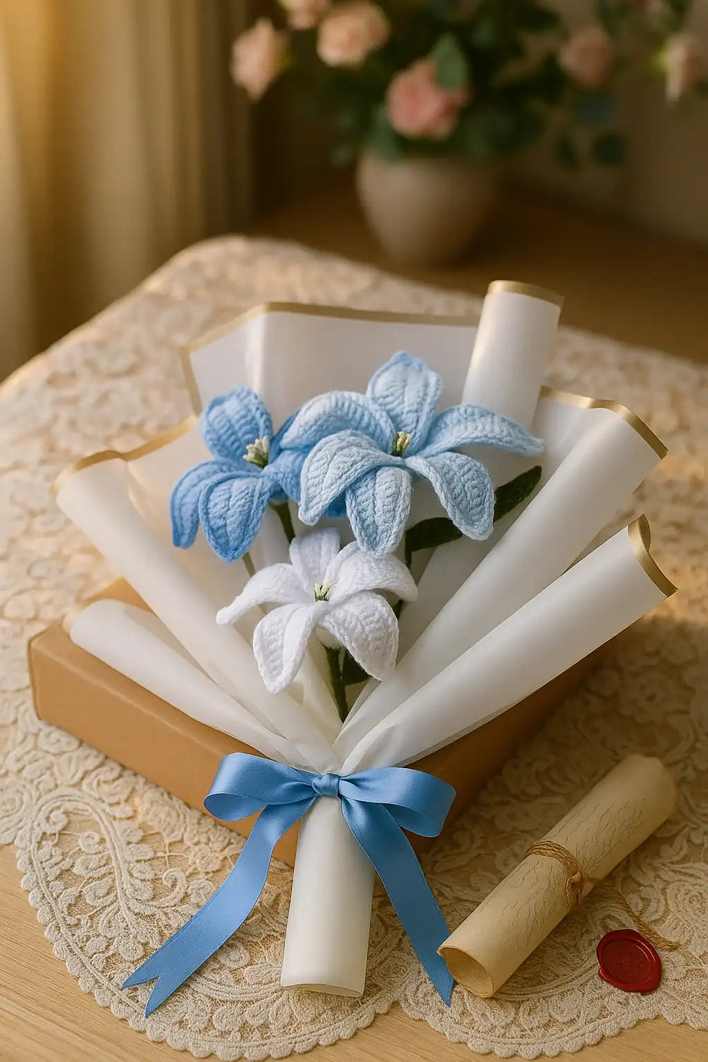 Three handcrafted crochet lilies — a bouquet of timeless grace and pure devotion.