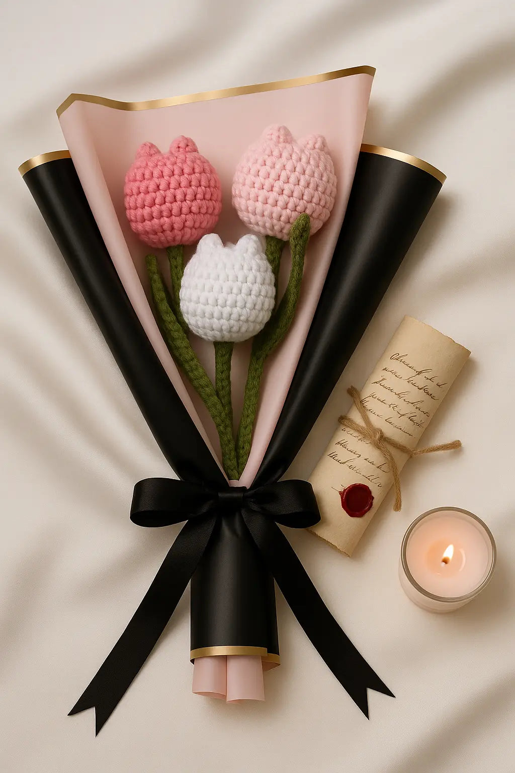 Bouquet of knitted tulips wrapped in black paper with a black ribbon, next to a scroll and candle on a beige background.