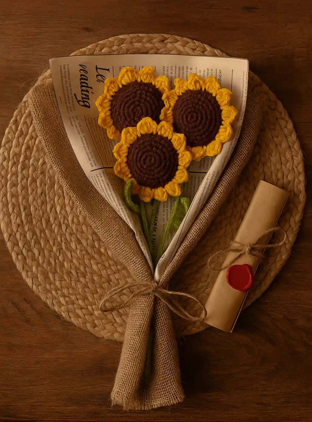 bouqet of three sunflower made of forever crochet wrapped in burlap high quality fabric.