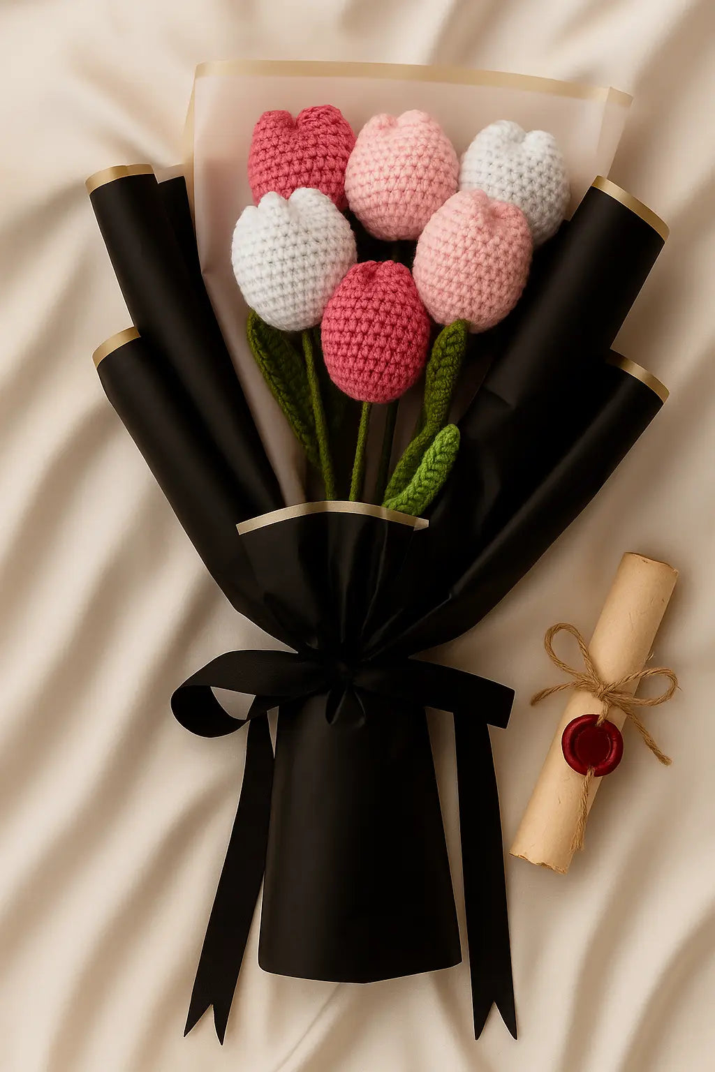 Bouquet of knitted tulips wrapped in black paper with a ribbon, on a beige fabric background.