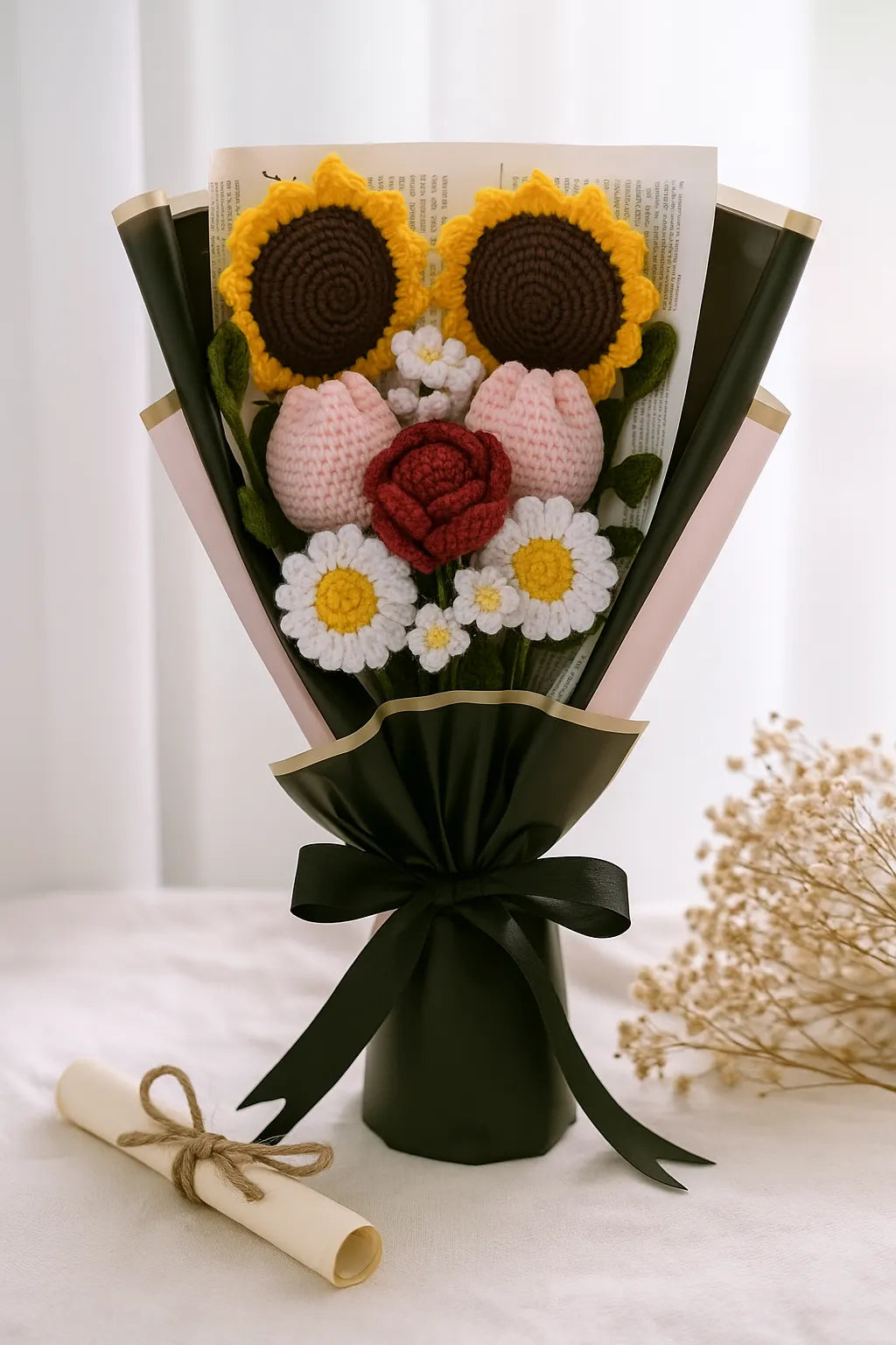 Bouquet of knitted flowers with a black ribbon on a white background