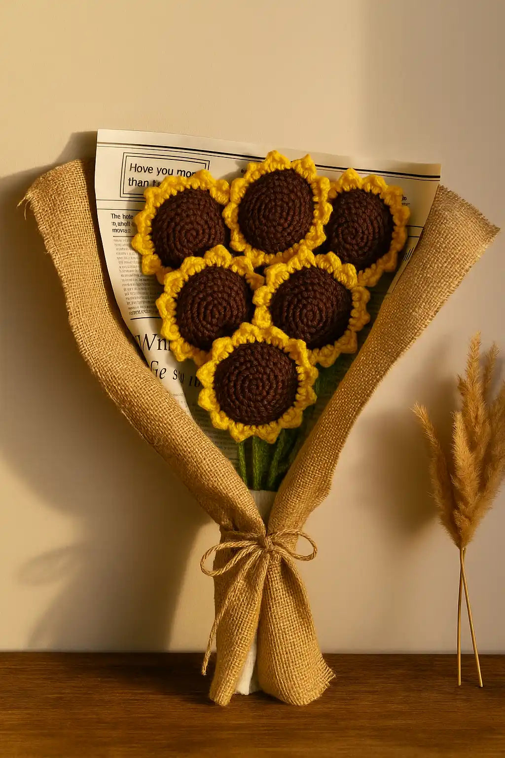 six sunflower crochet bouqet luxurious wrapped with burlap fabric