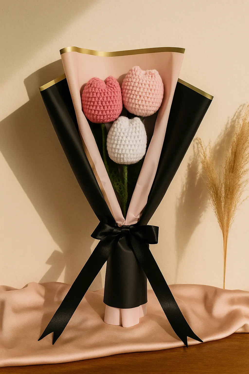 Bouquet of pink, white, and pink textured flowers wrapped in black ribbon on a beige background.