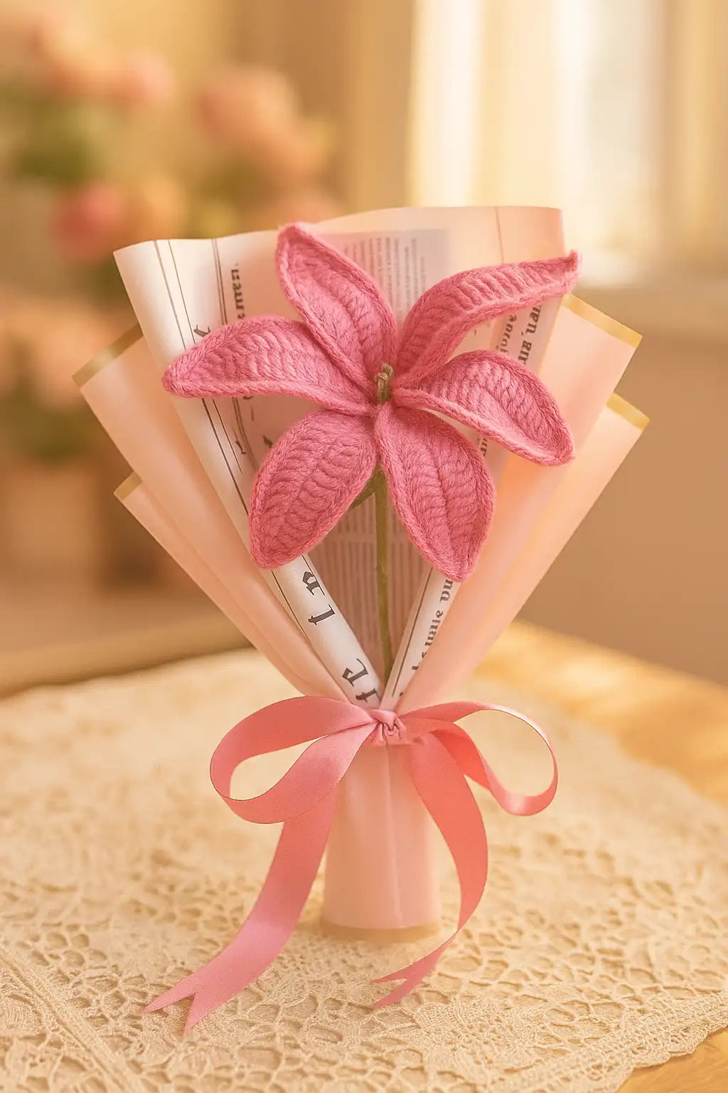 A single handcrafted crochet lily — a symbol of purity and timeless elegance.