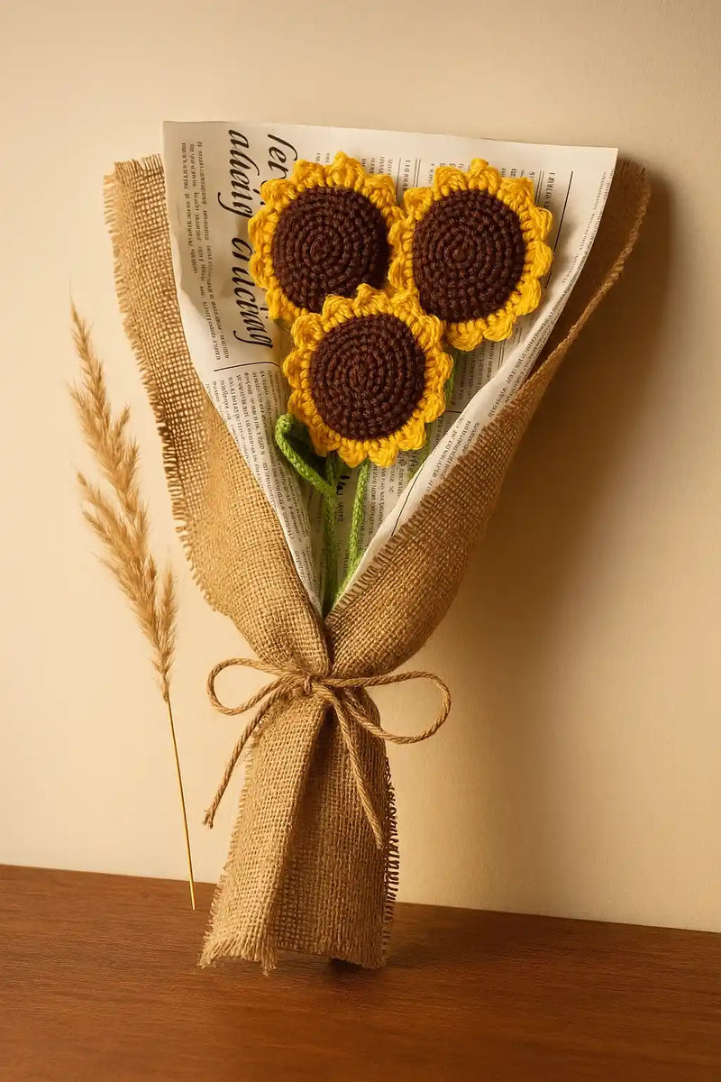 bouqet of three sunflower made of forever crochet wrapped in burlap high quality fabric.